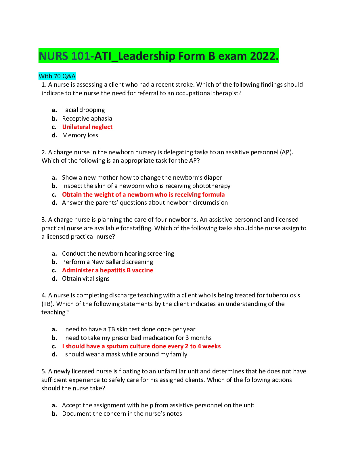 Preview of NURS 101-ATI_Leadership Form B exam 2022.
